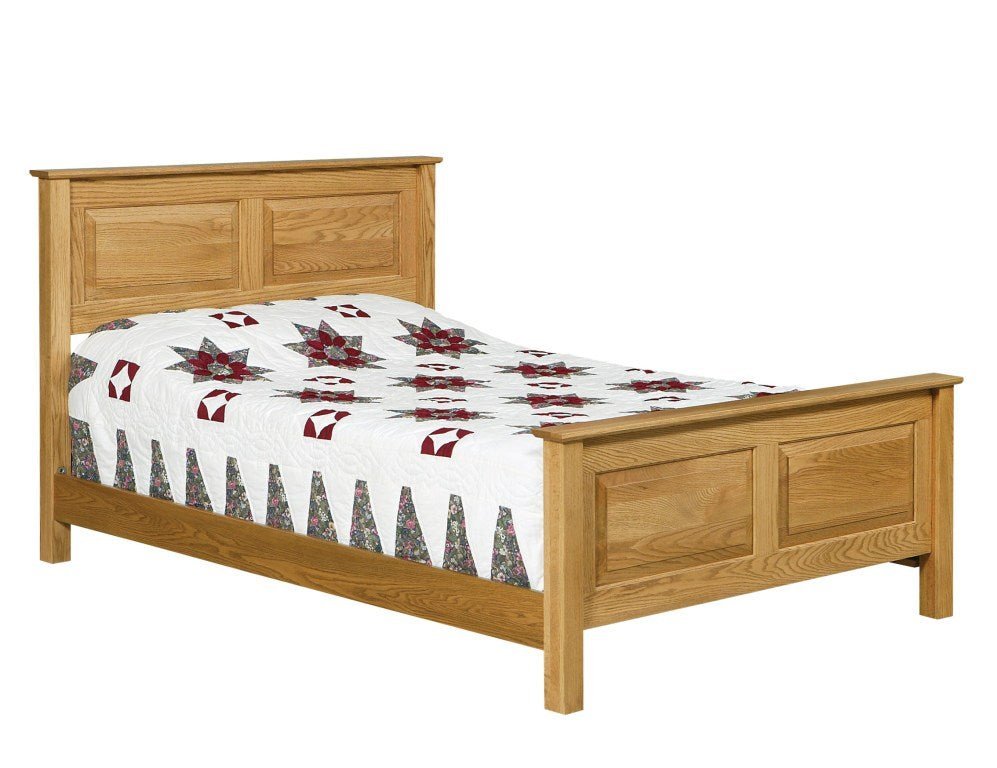 Oak raised panel bed shown from the foot with two-panel headboard and footboard and square legs