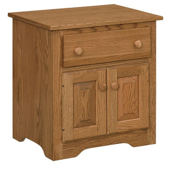 Oak nightstand with a wide drawer over two raised panel doors with round wood knobs and a curved skirt