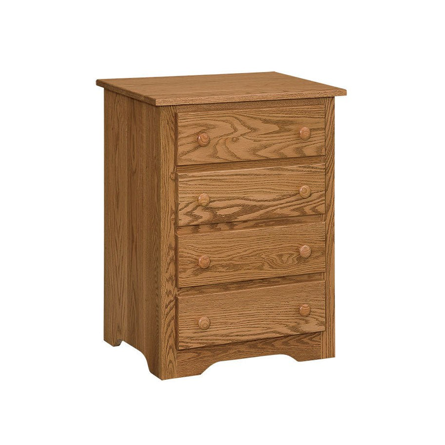 Four-drawer oak nightstand in a golden finish with round wood knobs and a shaped base, angled view