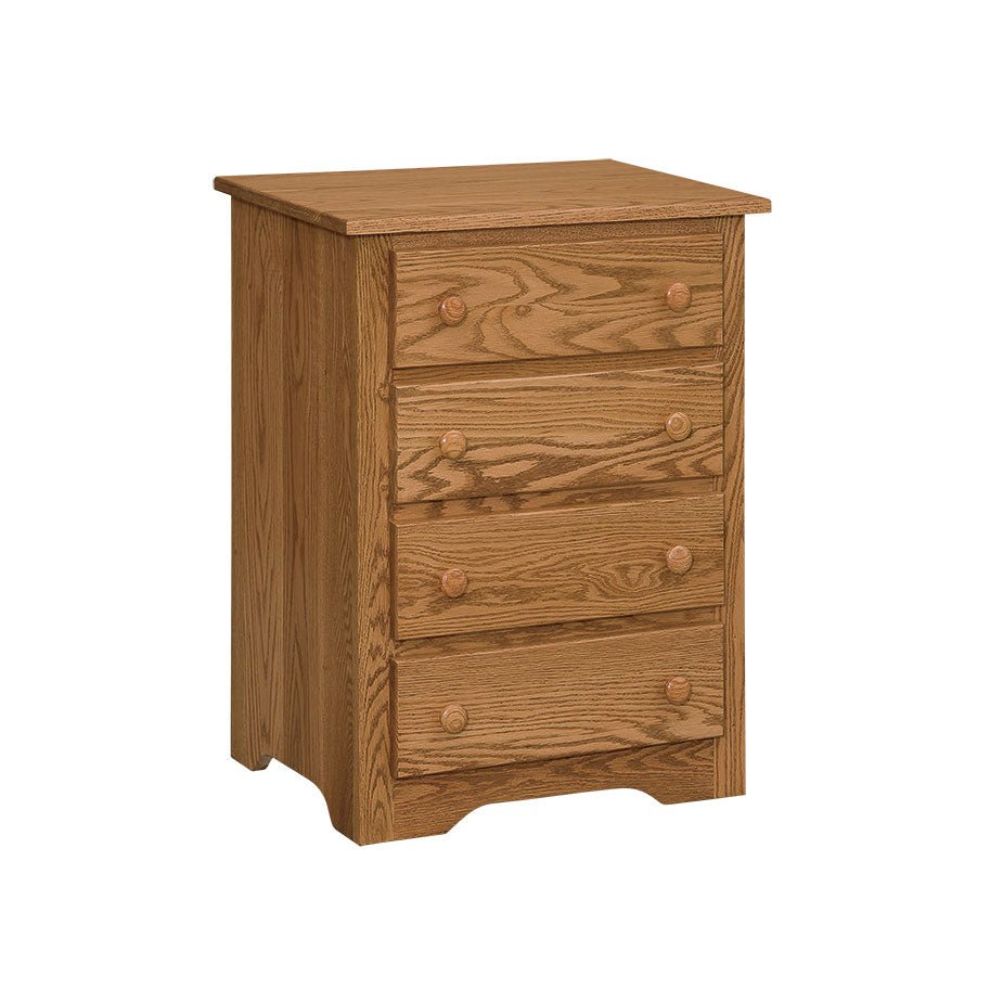 Four-drawer oak nightstand in a golden finish with round wood knobs and a shaped base, angled view