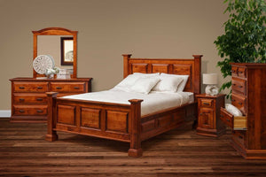 Five-piece queen bedroom set in rich cherry with a paneled bed, mirrored dresser, nightstand and chest