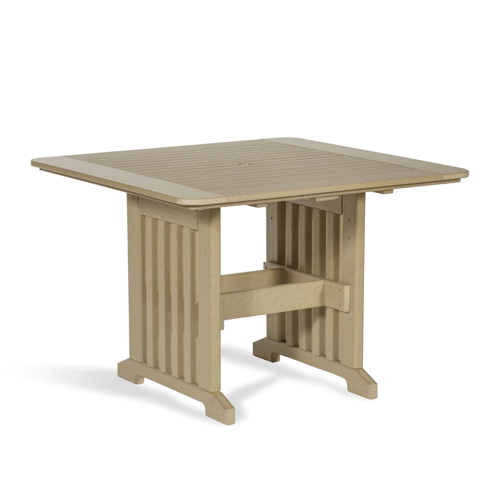 Aruba blue and white poly square patio dining table with four slat back arm chairs on a waterfront patio