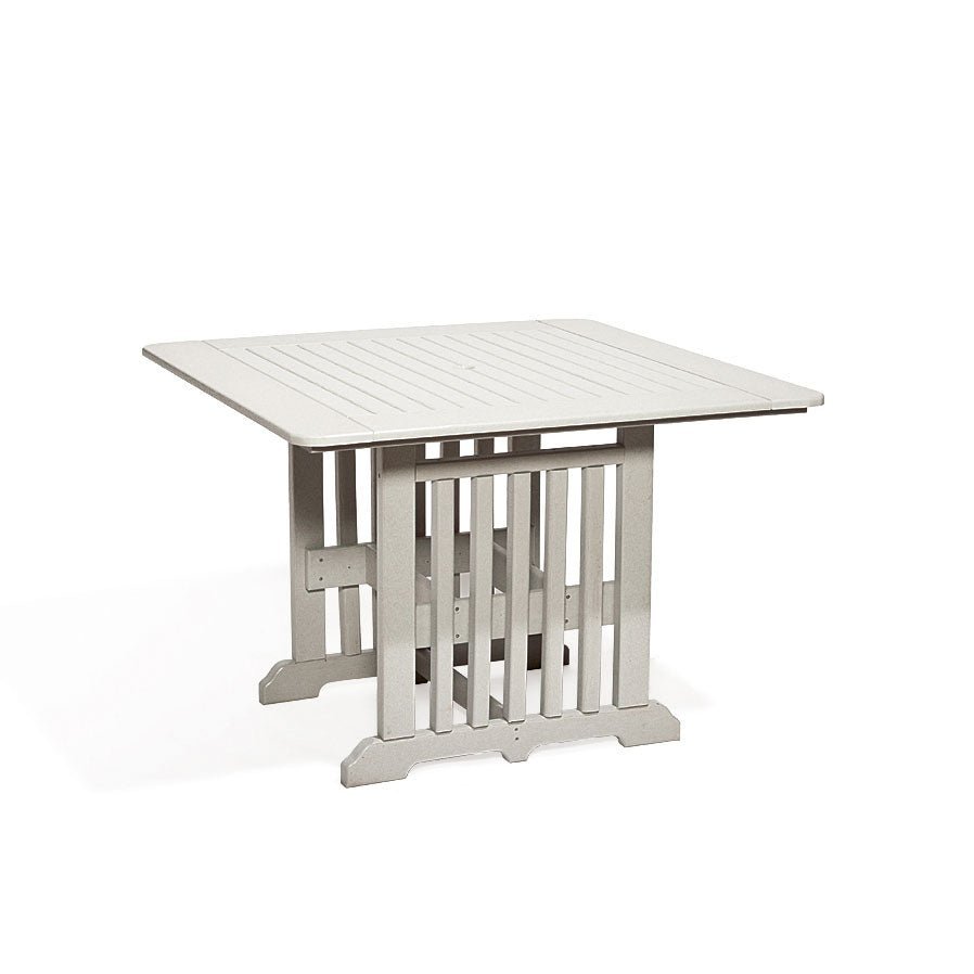 Light gray poly 43 inch square patio dining table with plank top and vertical slat pedestal base, angled view