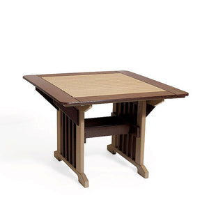 Two tone brown and tan poly square dining table with contrasting top frame and slatted mission legs on white