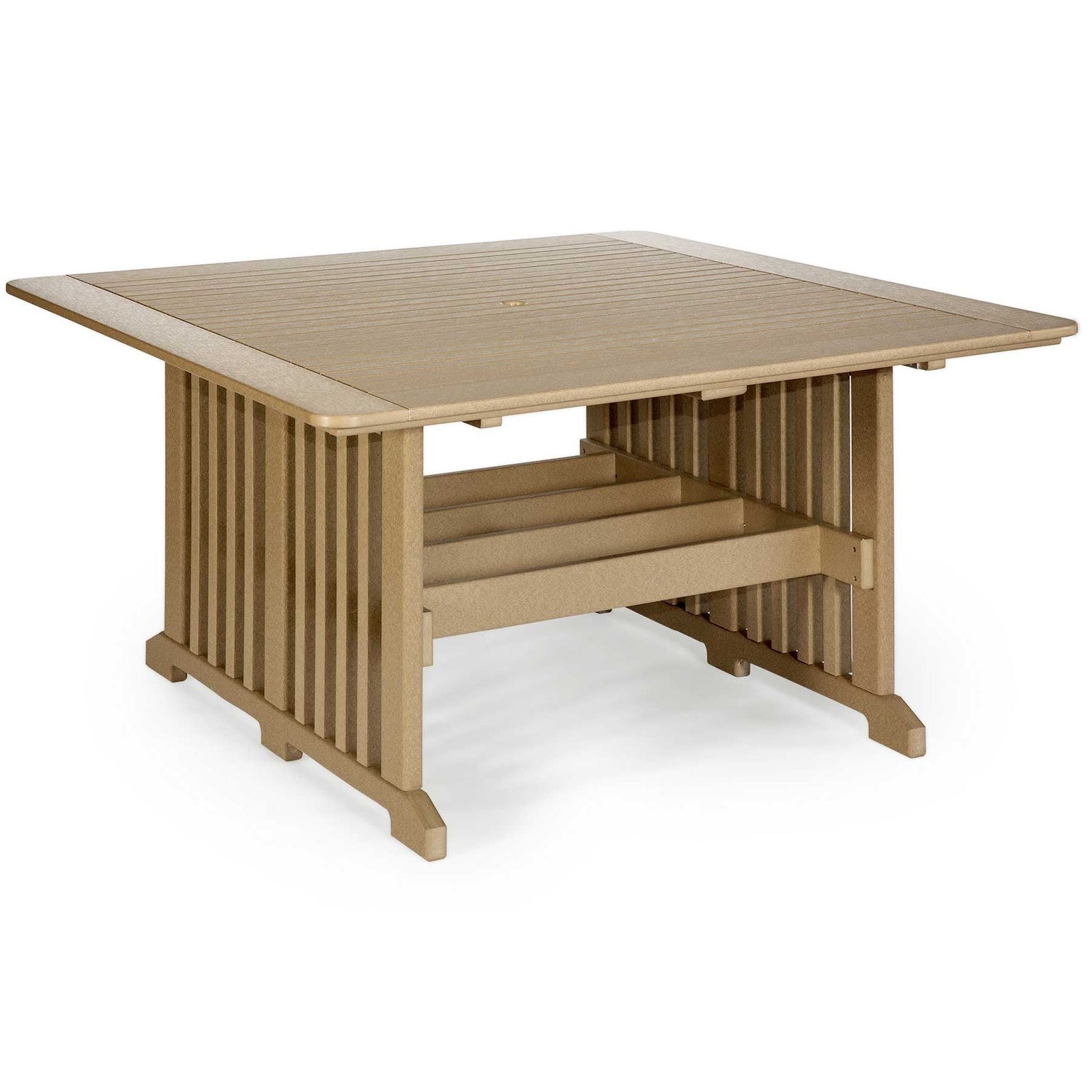 Tan poly 60 inch square patio dining table with plank top, umbrella hole and heavy mission trestle base