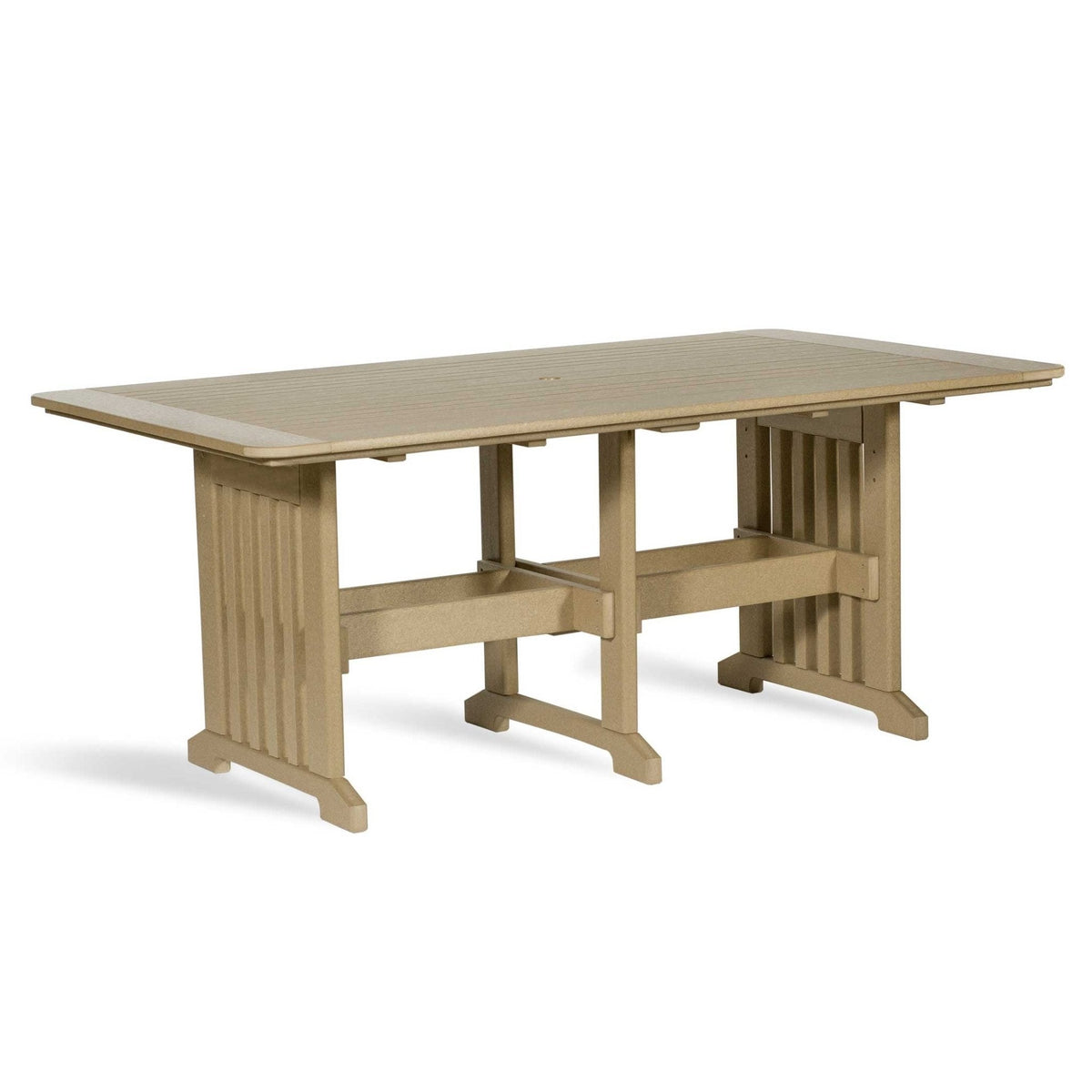 Tan poly 72 inch rectangular dining table with slatted top, umbrella hole and double pedestal trestle base
