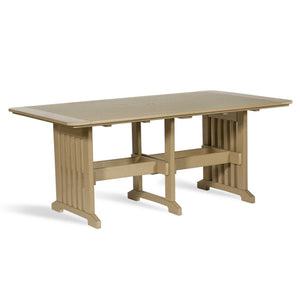 Tan poly 72 inch rectangular dining table with slatted top, umbrella hole and double pedestal trestle base
