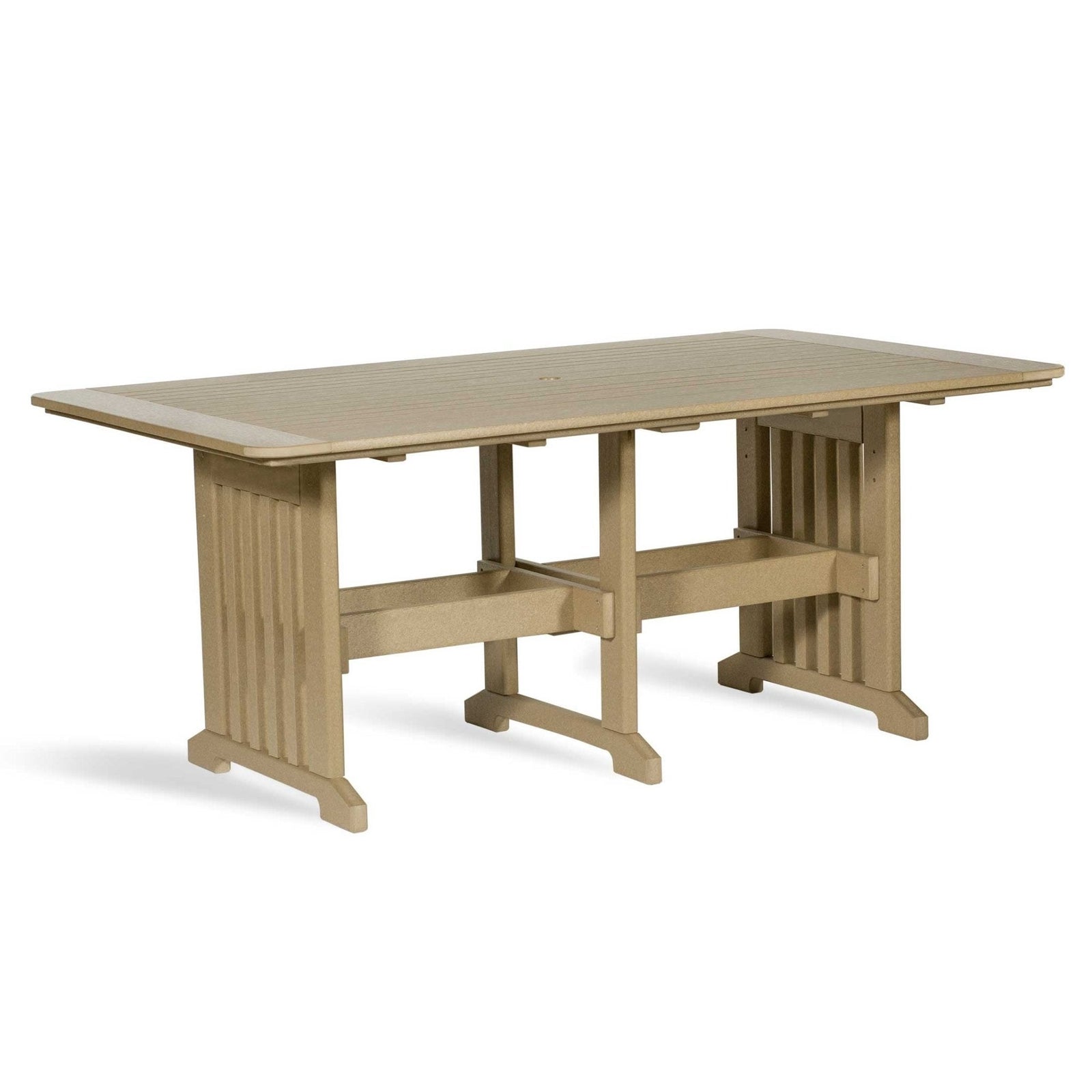 Tan poly 72 inch rectangular patio dining table with plank top, umbrella hole and double trestle base