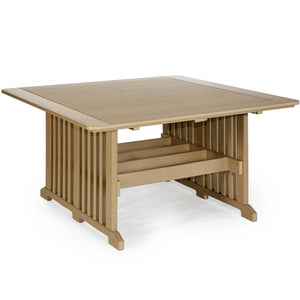 Navy and white poly square dining table with eight chairs set for brunch on a paver patio beside a pool