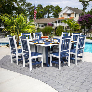 Navy blue and white poly square patio dining table with eight slat back chairs set for lunch beside a pool