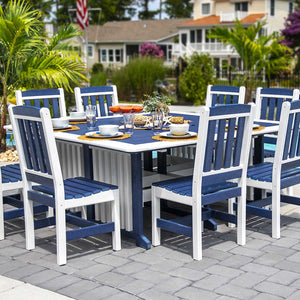 Tan poly 72 inch square patio dining table with slatted top and mission trestle base, shown on white