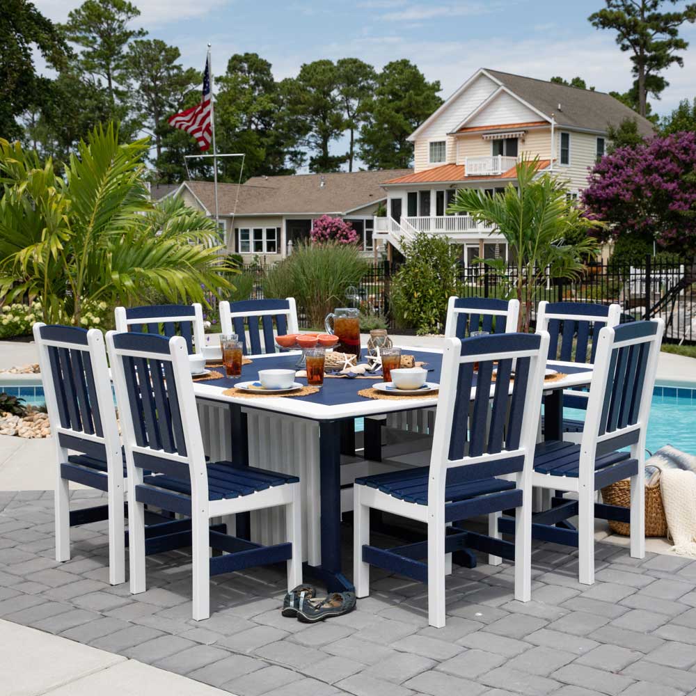 Blue and white poly square patio dining table with eight matching chairs set with shells beside a pool