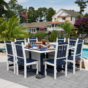 Blue and white poly square patio dining table with eight matching chairs set with shells beside a pool
