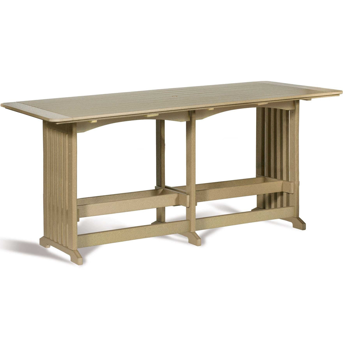Weathered tan poly 96 inch counter height patio table with arched aprons and vertical slat trestle legs