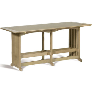 Weathered tan poly 96 inch counter height patio table with arched aprons and vertical slat trestle legs
