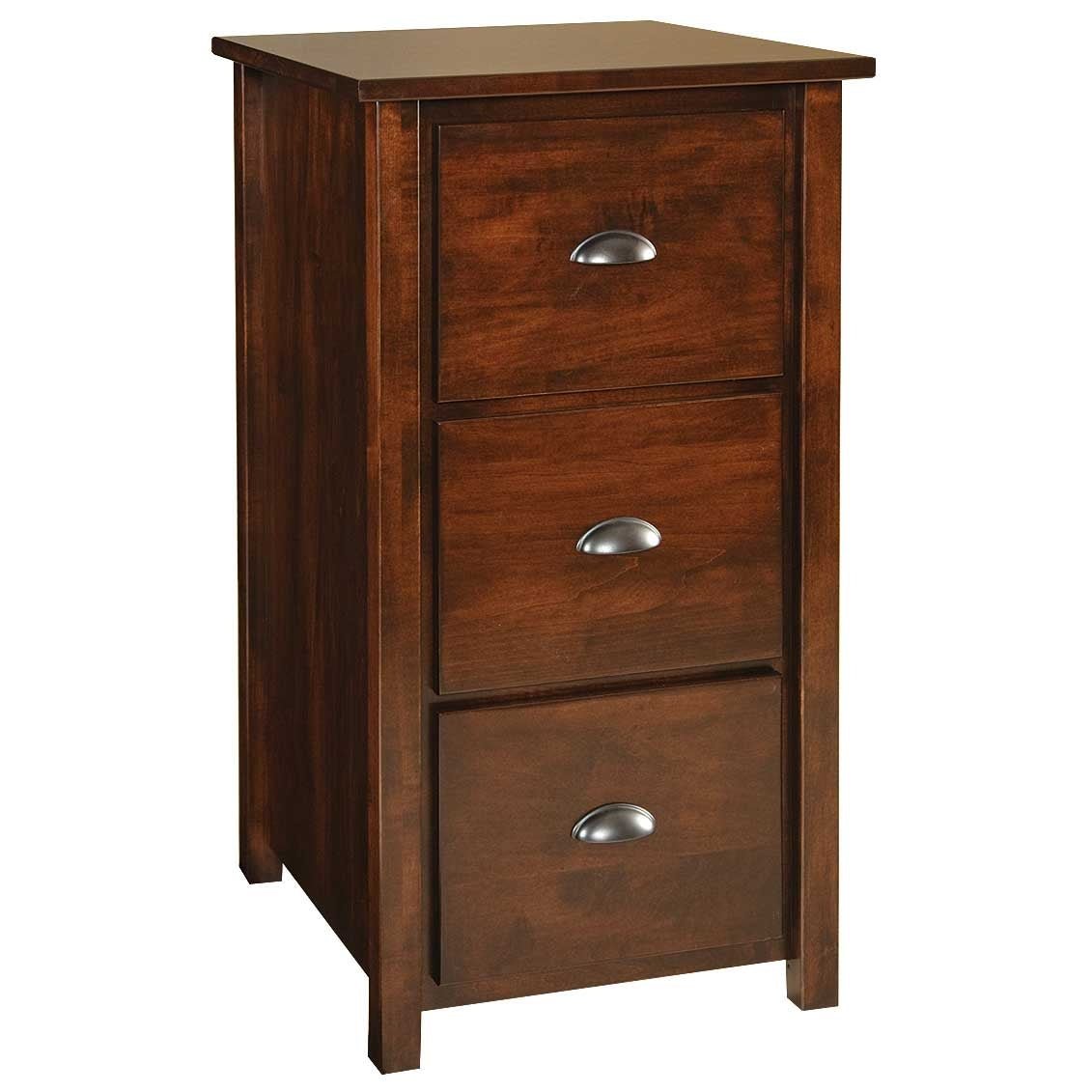 Brown maple three drawer filing cabinet with satin nickel bin pulls and flush top, shown on a white background