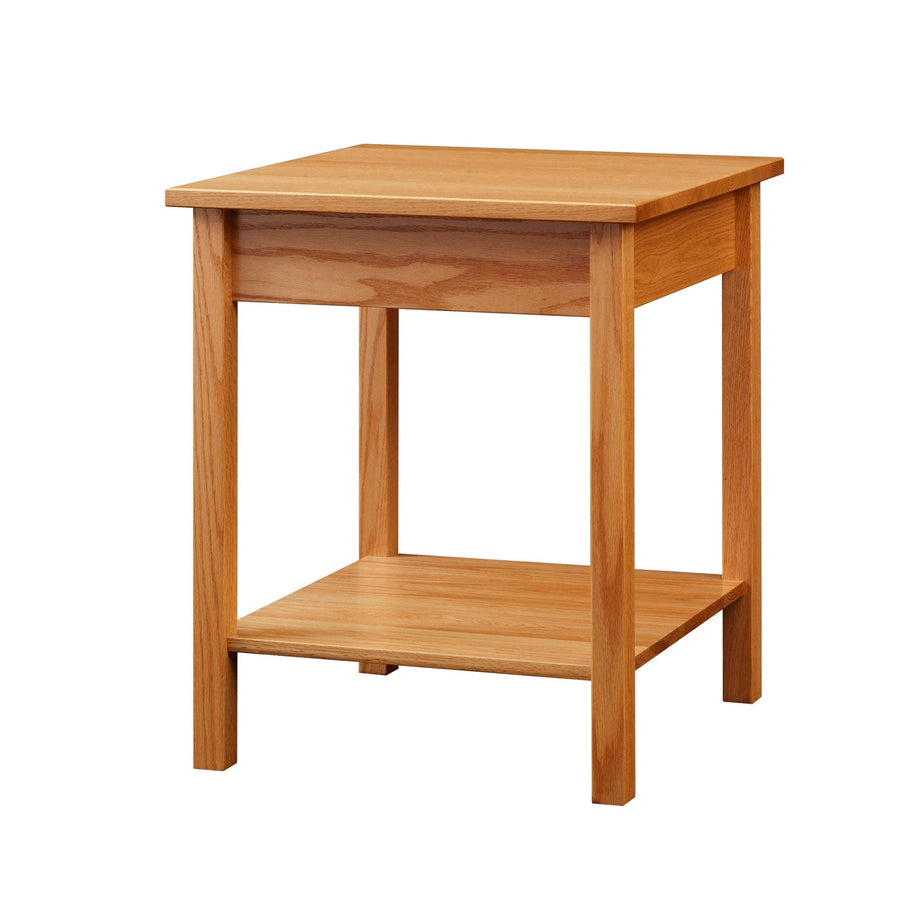 Light oak corner accent table with square top, open apron and a low bottom shelf between four straight legs