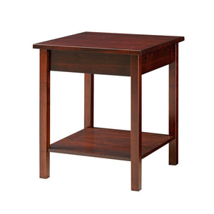 Square corner accent table in cherry-toned wood with a lower display shelf and straight tapered legs