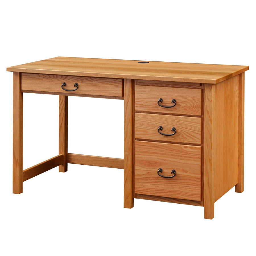 Single pedestal desk in natural oak with a wide center drawer, three drawers on the right and black bail pulls