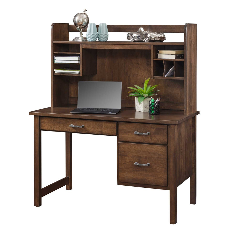 Student desk with a low hutch of cubbies and shelves, laptop and plant on top, over a two drawer pedestal