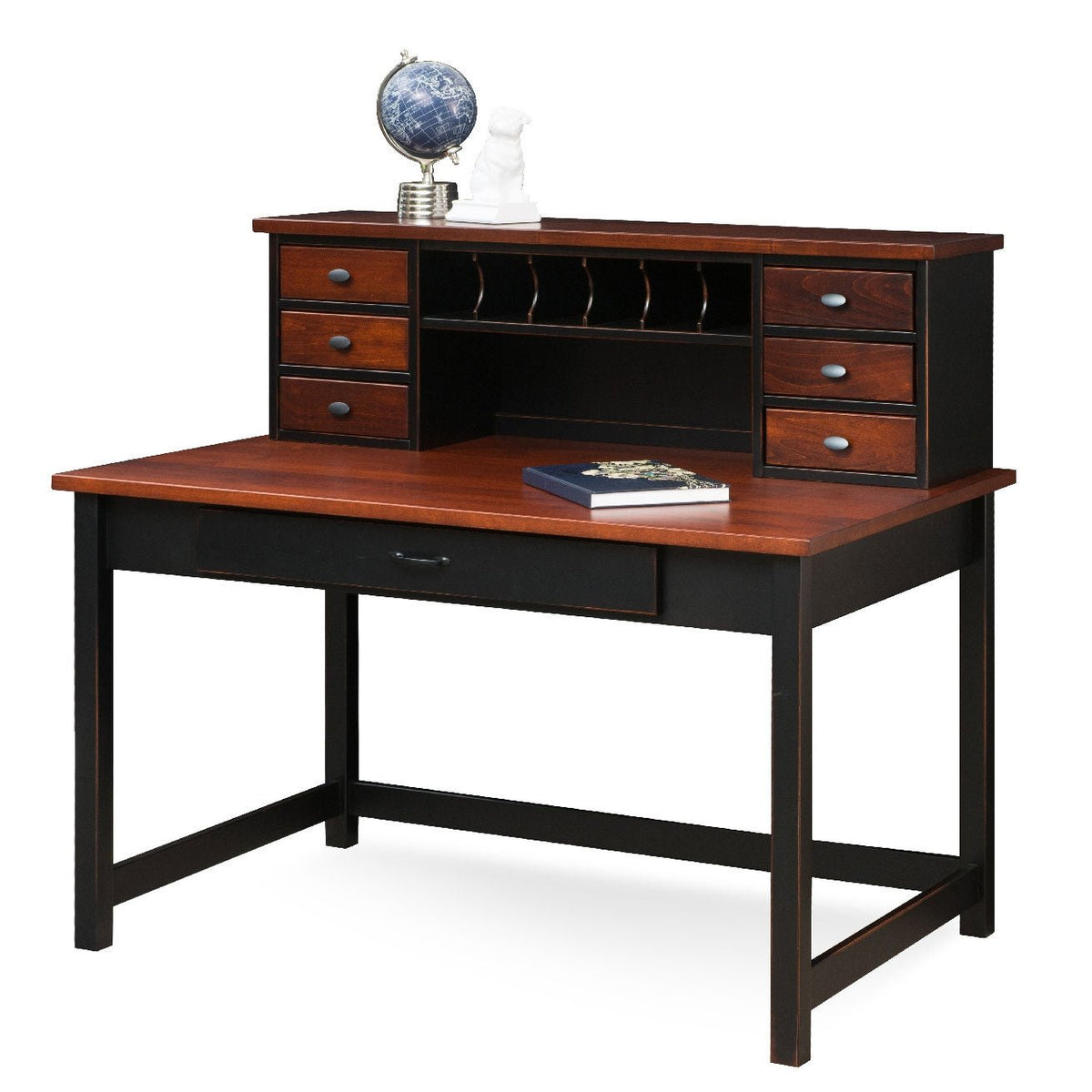 Two-tone writing desk with organizer hutch, wood top, black legs and a globe and book styled on the shelf