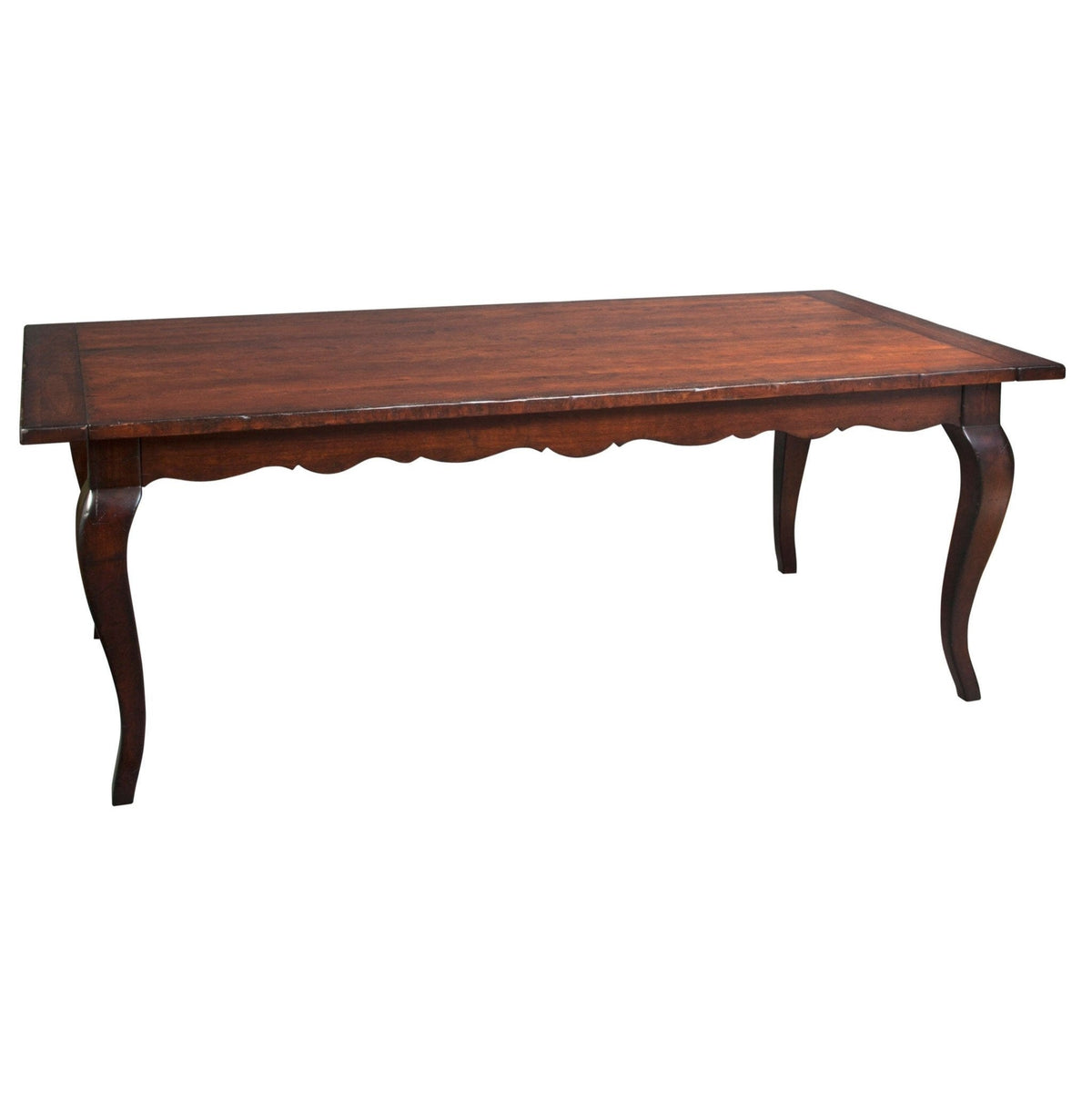 Rectangular farmhouse dining table in a rich cherry finish with scalloped apron and curved cabriole legs