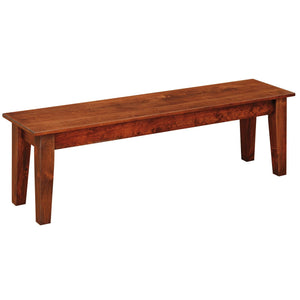 Farmhouse dining bench with a rustic plank seat, apron rail and tapered square legs in a warm brown finish