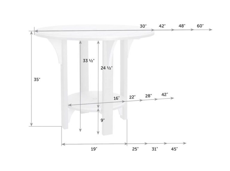 Dimension diagram of the counter height table: 35 inches tall, 24.5 inch clearance and 30 to 60 inch top options
