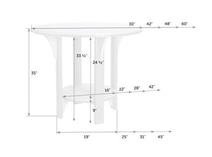 Dimension diagram of the counter height table: 35 inches tall, 24.5 inch clearance and 30 to 60 inch top options