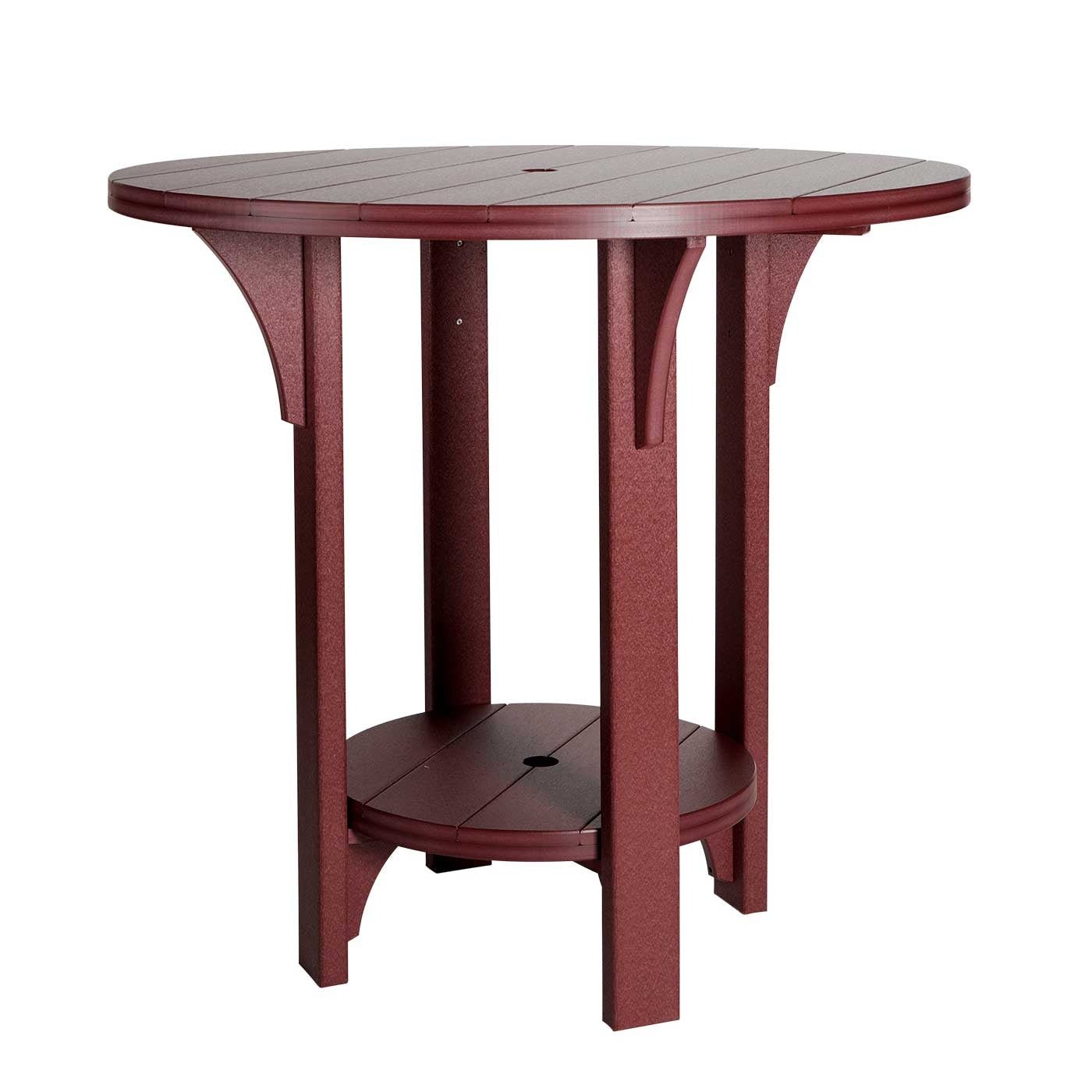 Green and cedar poly round bar table with four fan back Adirondack bar chairs and orange pillows on a marina deck