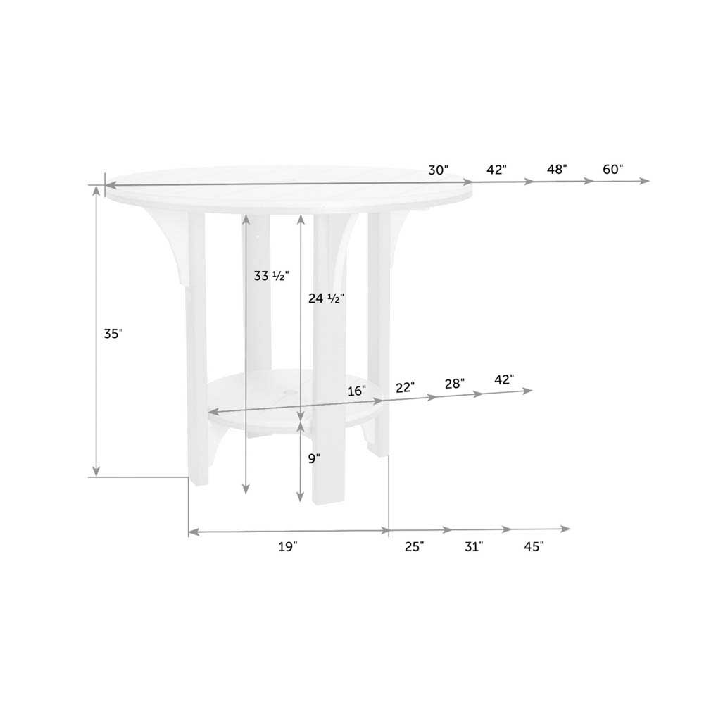 Dimension diagram of the round poly bar table: 35 inch height, 33.5 inch clearance, 9 inch shelf and 30 to 60 inch tops