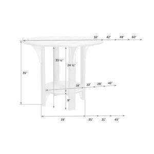 Dimension diagram of the round poly bar table: 35 inch height, 33.5 inch clearance, 9 inch shelf and 30 to 60 inch tops