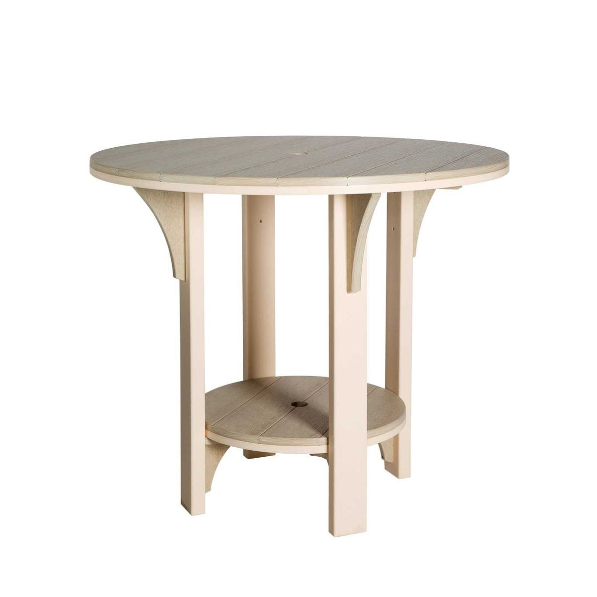 Weatherwood and ivory round poly counter height table with corbels, a lower shelf and center umbrella hole