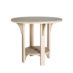 Weatherwood and ivory round poly counter height table with corbels, a lower shelf and center umbrella hole