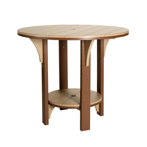 Weatherwood and chestnut round poly counter table with corbel brackets, round shelf and umbrella hole on white