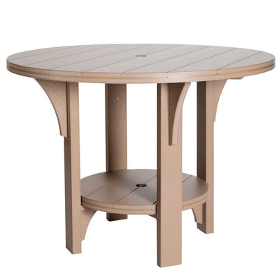 Weatherwood poly round dining height table with a plank top, umbrella hole, lower shelf and square legs