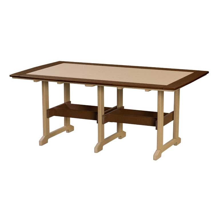 Brown and tan poly rectangular counter table with contrasting frame top and double pedestal base