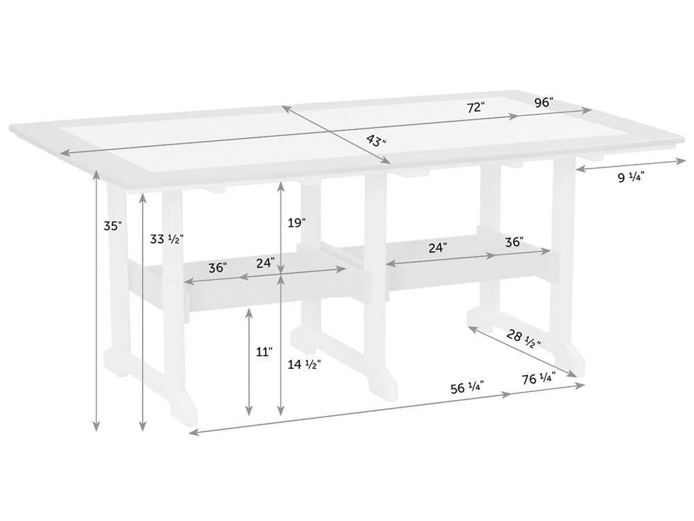 Dimension diagram of the 43 by 96 inch counter table: 35 inch tall, 72 inch inner top, 19 inch clearance