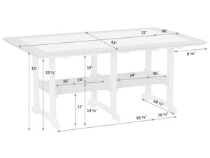 Dimension diagram of the 43 by 96 inch counter table: 35 inch tall, 72 inch inner top, 19 inch clearance
