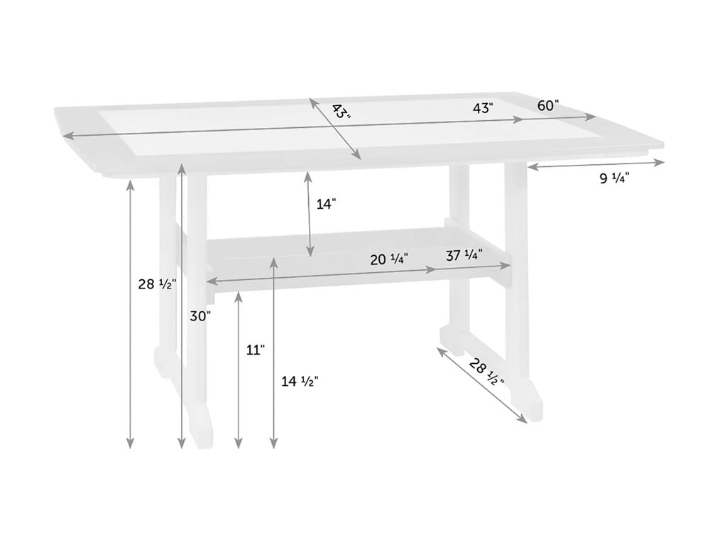 Dimension diagram of the 60 by 43 inch poly dining table at 30 inches tall with an 11 inch lower stretcher