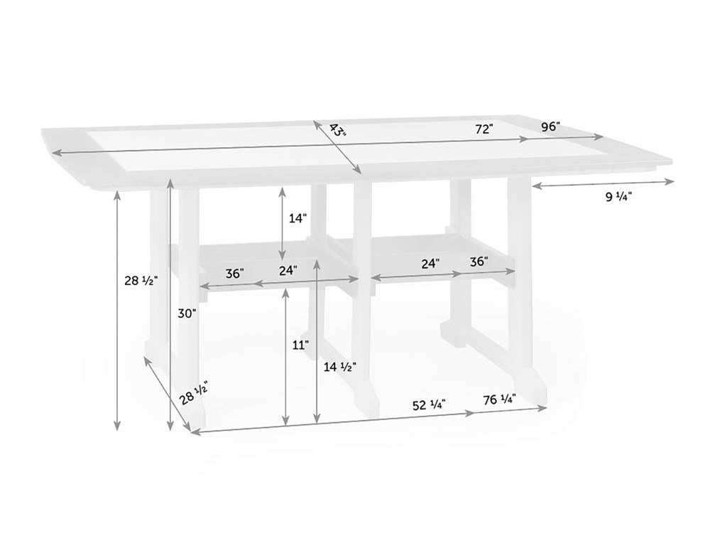 Dimension diagram of the 96 inch rectangular dining table: 43 inch width, 30 inch height, 14.5 inch lower shelf