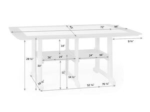 Dimension diagram of the 96 inch rectangular dining table: 43 inch width, 30 inch height, 14.5 inch lower shelf