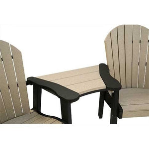 Black and weatherwood poly table attachment clipped between the arms of two Adirondack chairs
