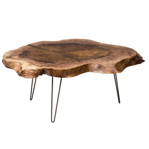 Round live edge walnut coffee table with a bark rimmed slab top, bowtie inlay and hairpin metal legs