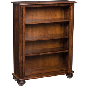Bookcase in a warm brown maple finish with three adjustable shelves, rounded sides and bun feet