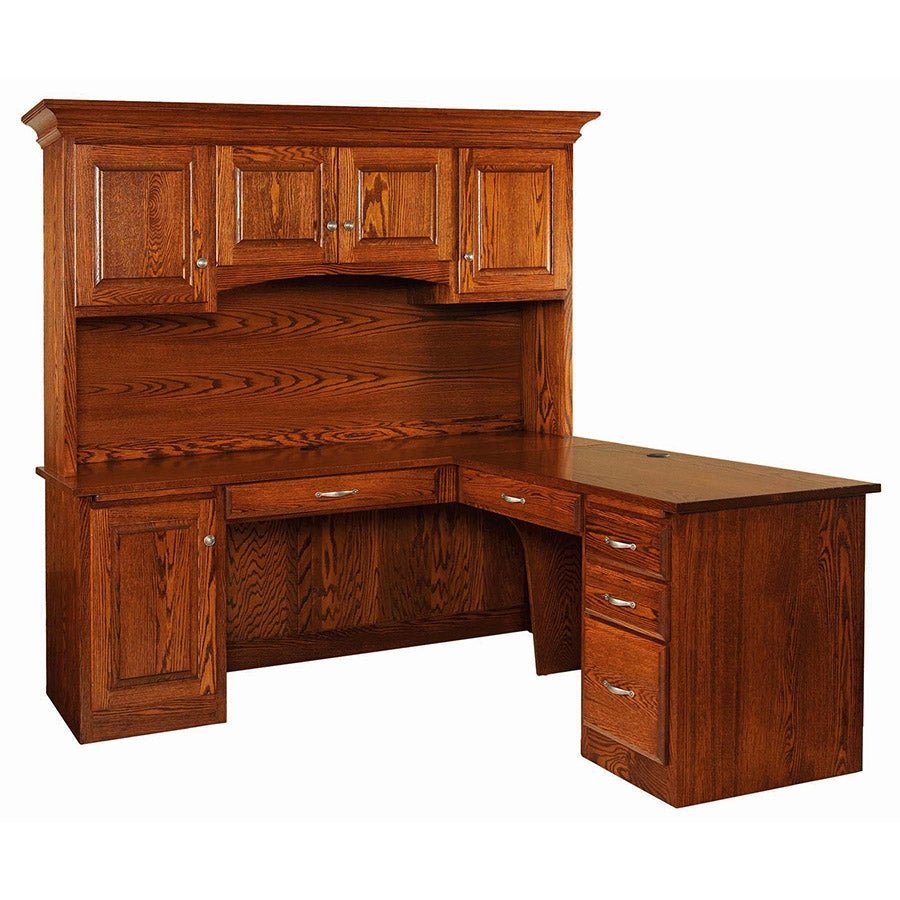 Oak corner L desk with hutch top, four raised panel doors, center drawers and a file pedestal on white