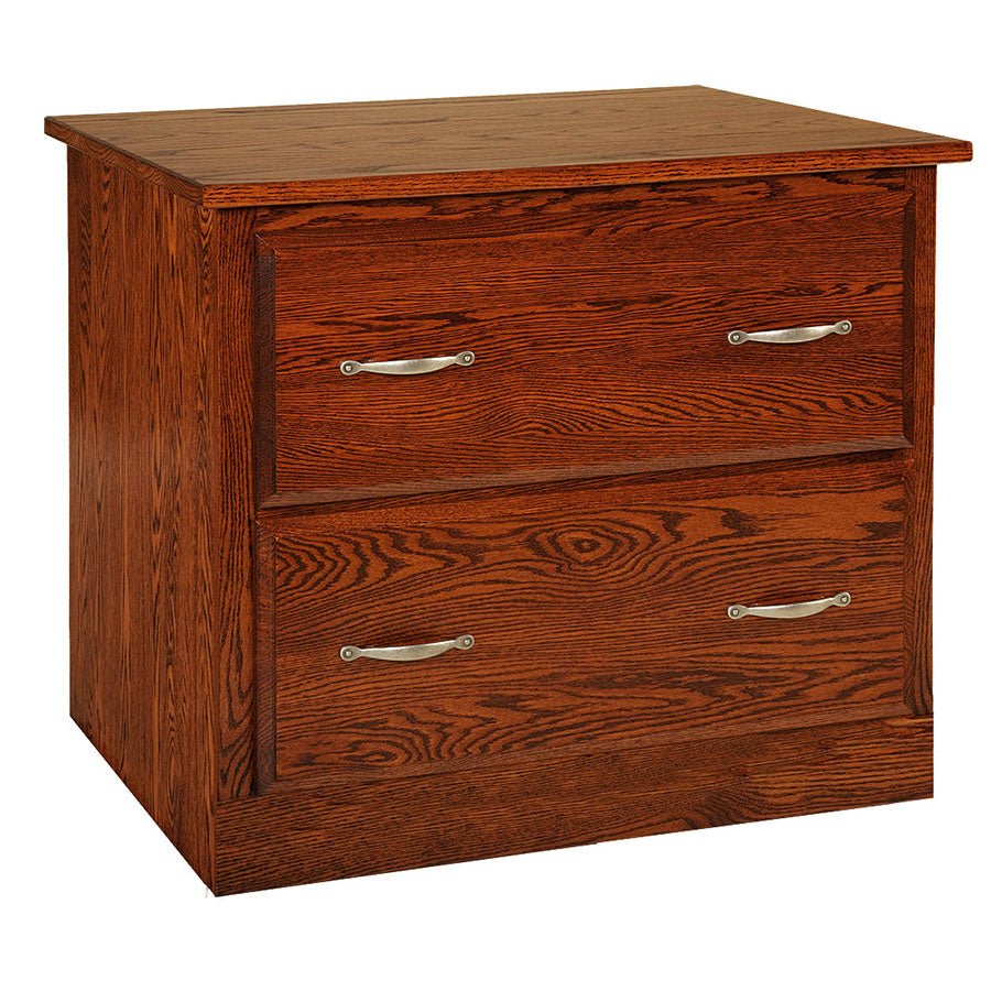 Two drawer lateral file cabinet in red oak with strong grain and brushed nickel bail pulls, angled view