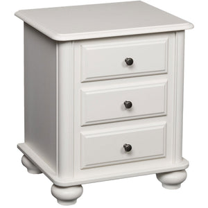 Three drawer nightstand painted white with molded drawer fronts, bronze knobs and rounded bun feet