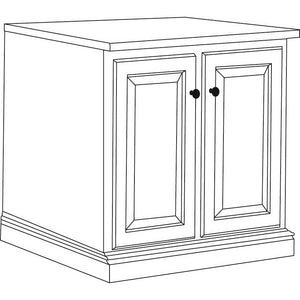 Line drawing of the two-door printer cabinet with raised panel doors, round knobs and a molded plinth base