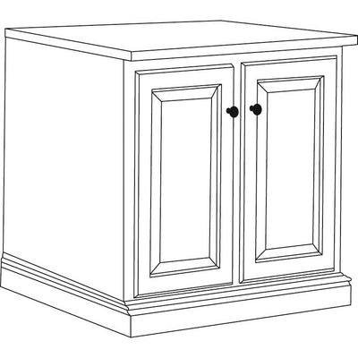 Line drawing of the two-door printer cabinet with raised panel doors, round knobs and a molded plinth base